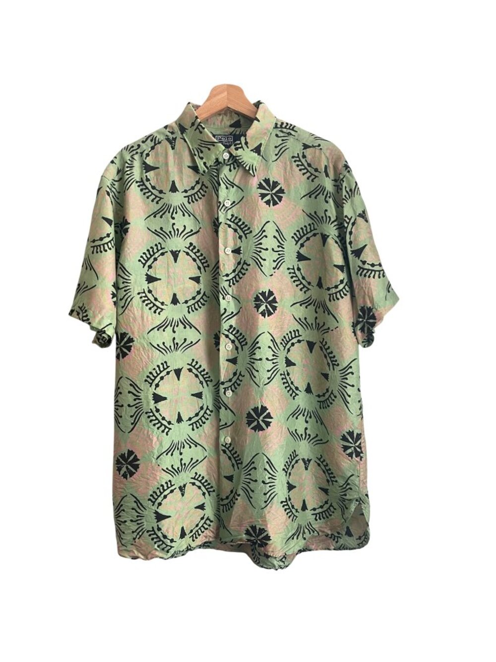 Polo Ralph Lauren Mens 100% Silk Shirt Size Large Abstract Hawaiian Resort Beach
